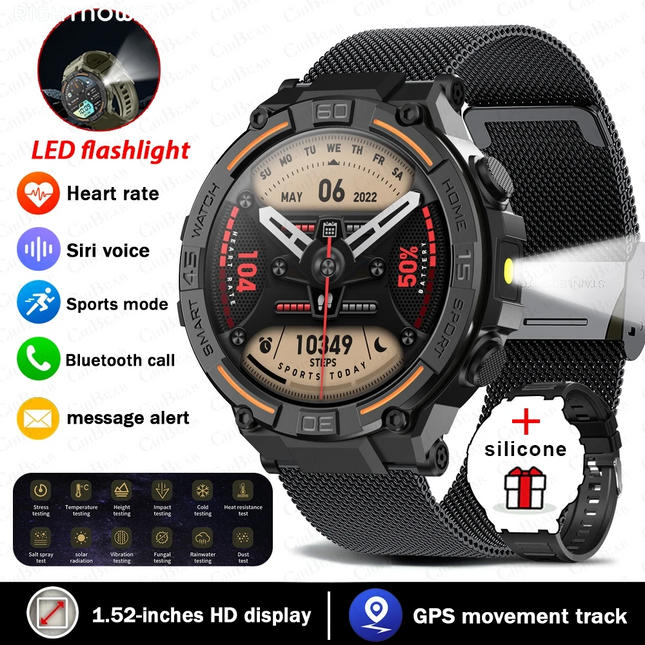 Smartwatch Military Men 360*360 HD Screen Flashlight Health Monitoring Waterproof Heart Rate BT Call Smart Watch for Android IOS
