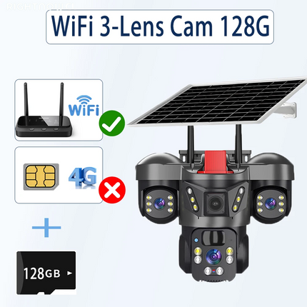 Solar Camera 4G Sim Outdoor Surveillance Wifi 3-Lens 3-Picture Color Night Vision PIR Security IP66 CCTV Wireless IP Cameras