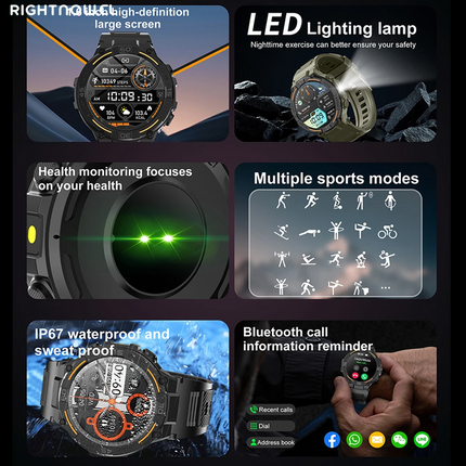 Smartwatch Military Men 360*360 HD Screen Flashlight Health Monitoring Waterproof Heart Rate BT Call Smart Watch for Android IOS