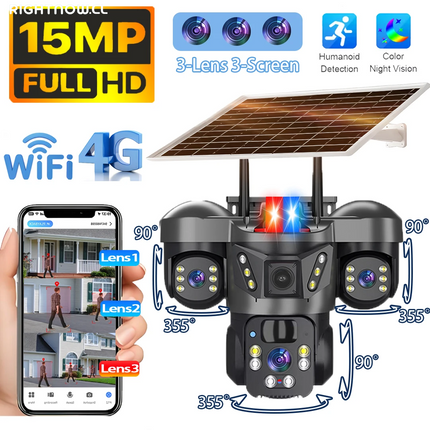 Solar Camera 4G Sim Outdoor Surveillance Wifi 3-Lens 3-Picture Color Night Vision PIR Security IP66 CCTV Wireless IP Cameras