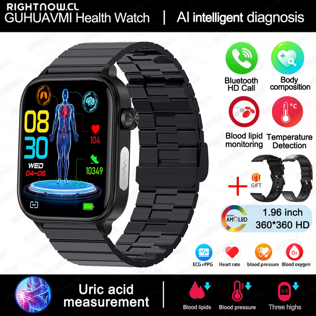 2025 New Al Science Diagnosis Blood Lipids Uric Acid Blood Oxygen Smart Watch Men ECG+PPG Voice Bluetooth Call Health Smartwatch
