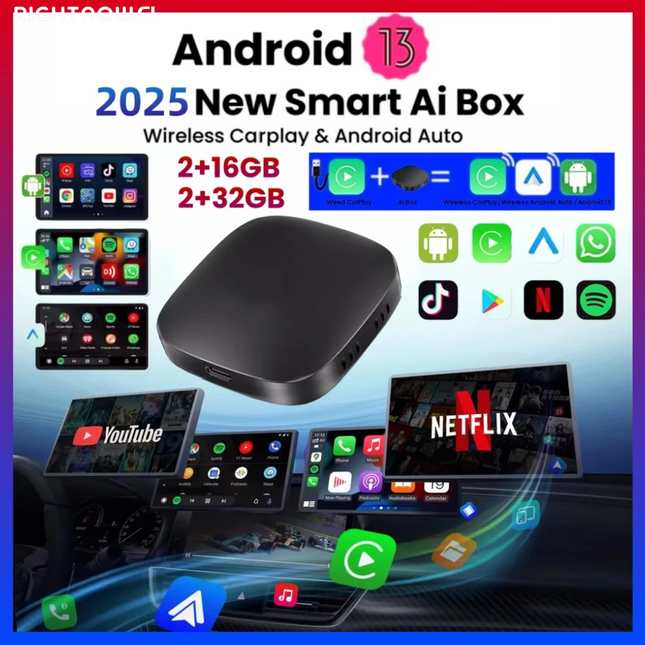 DGG Reviso -> OK <- 2025 Smart Carplay Ai Box Android 13 TV Box Wifi Wireless Android Auto Built-In Play Store for Netflix Youtube OEM Carplay Cars
