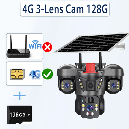 Solar Camera 4G Sim Outdoor Surveillance Wifi 3-Lens 3-Picture Color Night Vision PIR Security IP66 CCTV Wireless IP Cameras